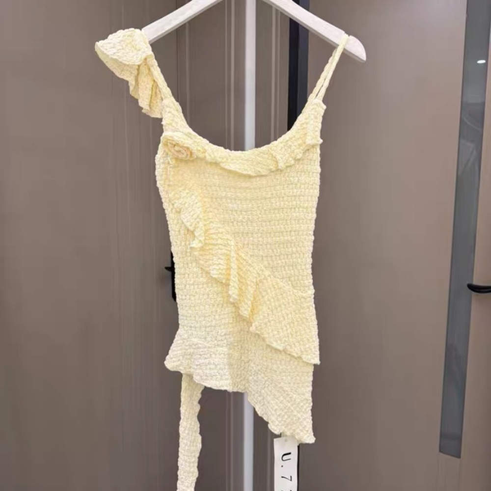 R&K Cream Ruffled One-Shoulder Crop Top